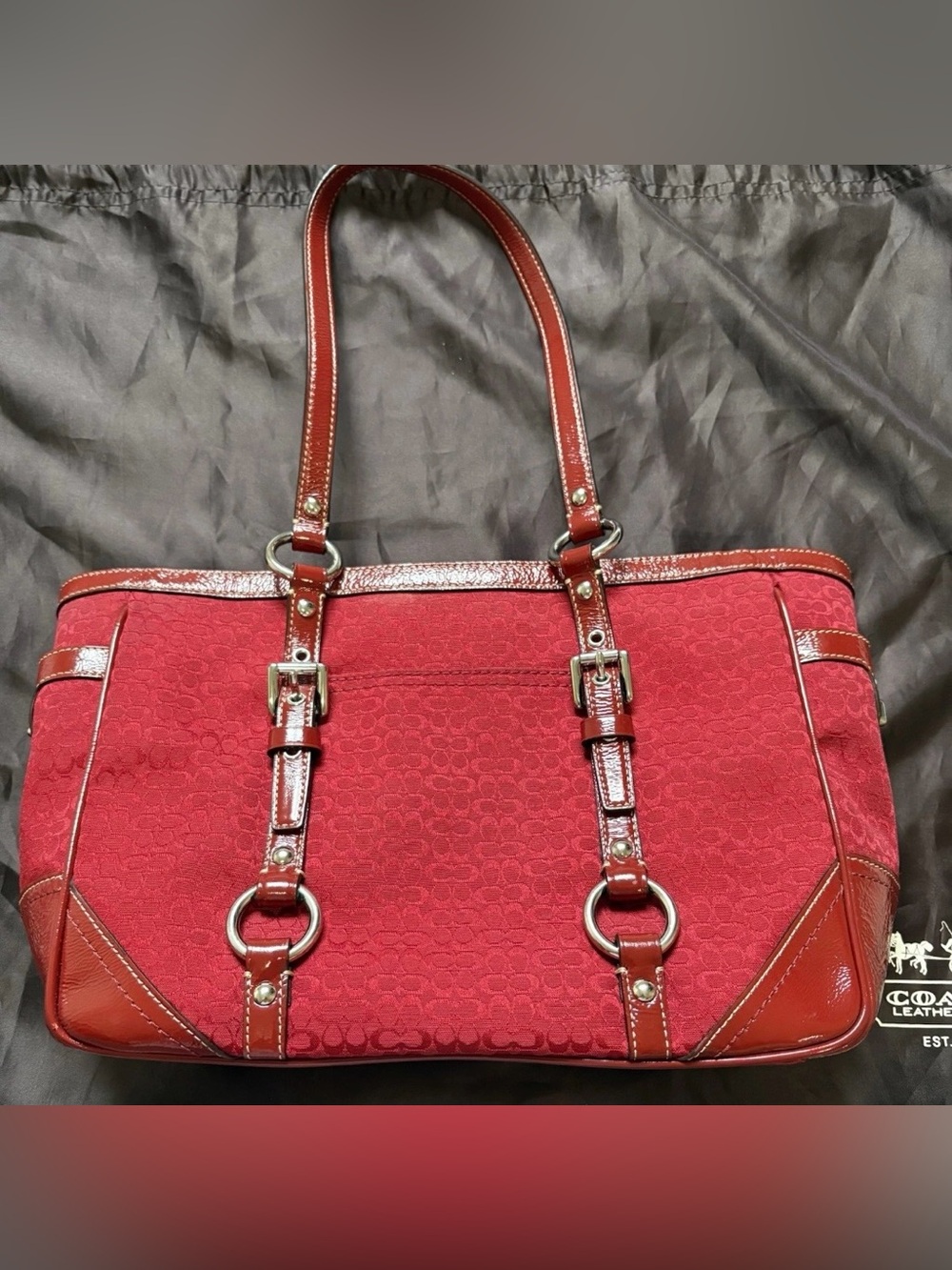 Coach Gallery Y2K Rare Cherry Red Signature Little “c” Monogram Medium Tote Bag - Picture 5 of 12
